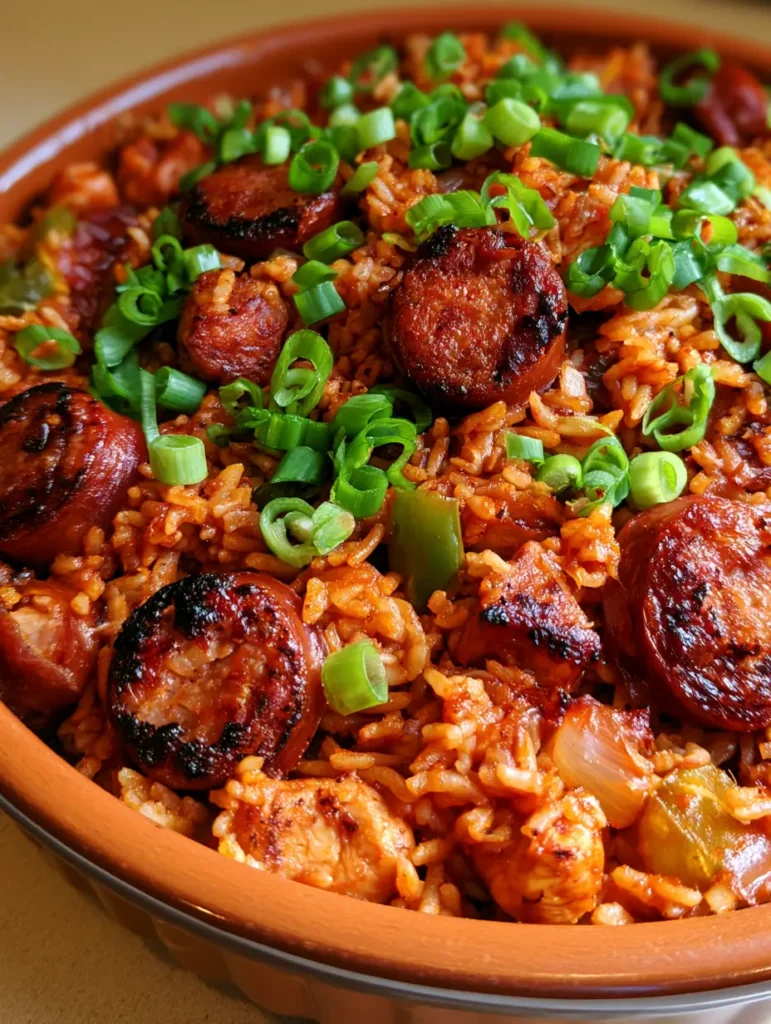 Handheld photo of a ceramic dish filled with Smoky Oven Baked Jambalaya and fresh green onion garnish.