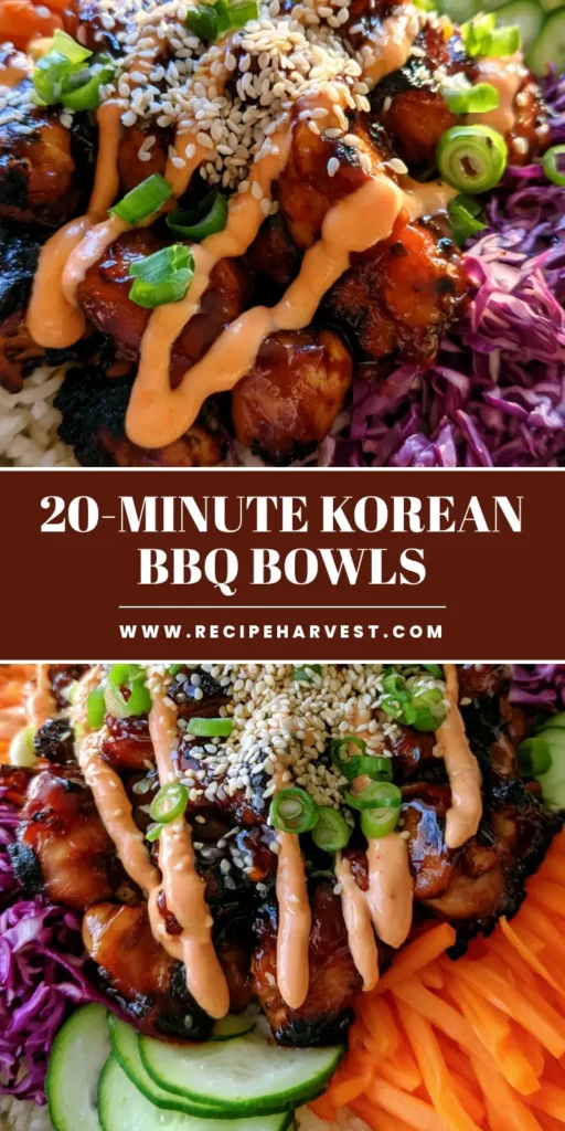 Korean BBQ Chicken Bowls with Dark Mahogany Glaze 3 A Pinterest-style vertical photo of Korean BBQ Chicken Bowls featuring charred chicken, purple cabbage, and a spicy mayo drizzle over white rice.