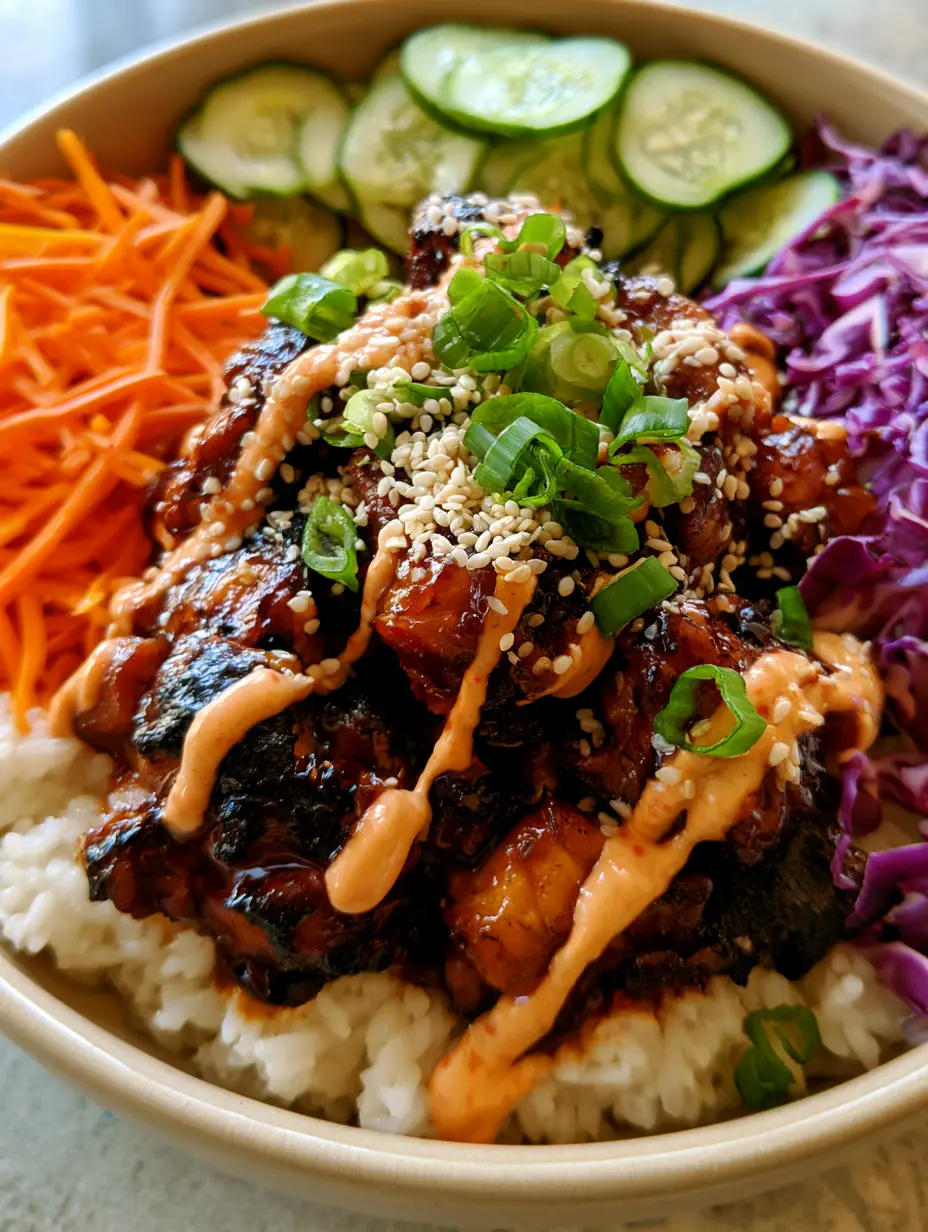Korean BBQ Chicken Bowls with Dark Mahogany Glaze 4 Overhead view of Korean BBQ Chicken Bowls with mahogany soy-ginger glaze and fresh julienned carrots.