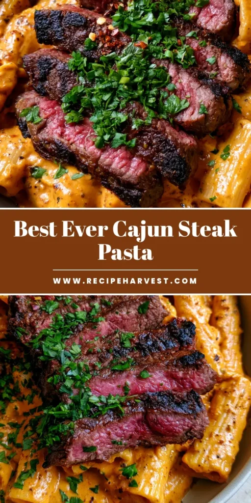 Cajun Steak Pasta with Creamy Garlic Parmesan Sauce 3 A top-down view of Cajun Steak Pasta in a matte bowl, featuring rigatoni in orange sauce and charred medium-rare steak slices.