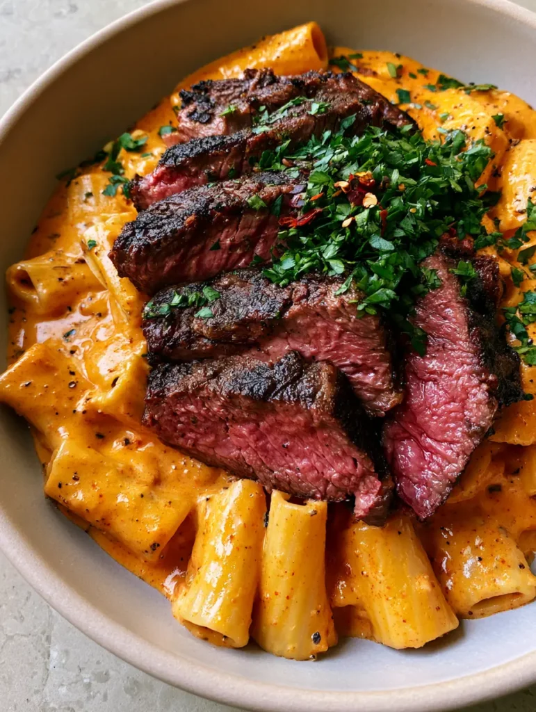 Cajun Steak Pasta with Creamy Garlic Parmesan Sauce 2 Close up shot of creamy orange cajun sauce coating rigatoni pasta with cracked black pepper. (Cajun Steak Pasta)