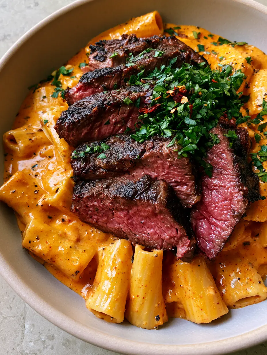 Cajun Steak Pasta with Creamy Garlic Parmesan Sauce 4 Close up shot of creamy orange cajun sauce coating rigatoni pasta with cracked black pepper. (Cajun Steak Pasta)