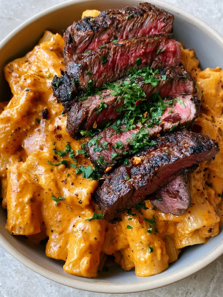 Cajun Steak Pasta with Creamy Garlic Parmesan Sauce 1 Slices of medium-rare steak with charred edges layered over cajun pasta in a ceramic bowl. (Cajun Steak Pasta)