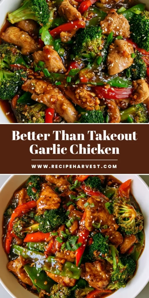 Chinese Chicken in Garlic Sauce: Better Than Takeout Stir-Fry 4 A top-down view of a white bowl containing Chinese Chicken in Garlic Sauce with seared chicken pieces, glossy dark brown sauce, broccoli, and red bell peppers. (Chinese Chicken in Garlic Sauce)