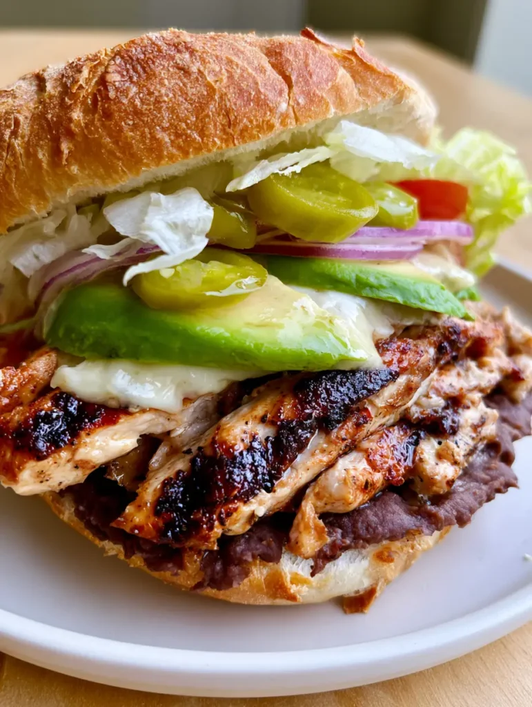 Chicken Torta Sandwich: The Ultimate Mexican Grilled Chicken Telera 1 Cross-section of a Chicken Torta Sandwich showing layers of smooth refried beans, pickled jalapeños, and fresh avocado.