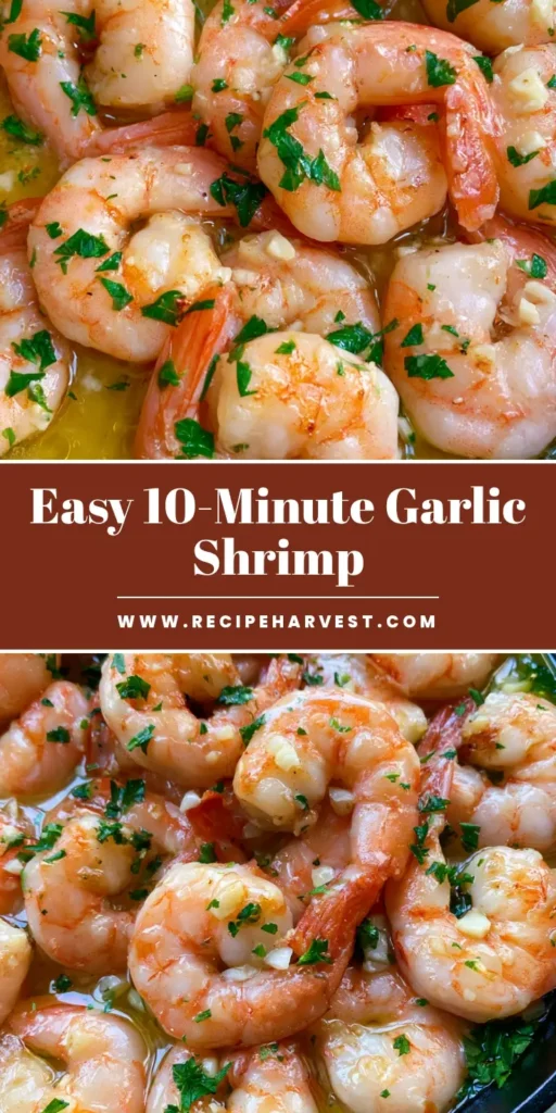 A top-down view of a Garlic Butter Shrimp Recipe in a cast iron skillet with glossy sauce and parsley flakes.
