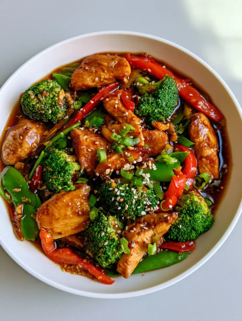 Chinese Chicken in Garlic Sauce: Better Than Takeout Stir-Fry 1 Stir-fried vegetables including vibrant green broccoli florets and red bell pepper strips in a garlic sauce.