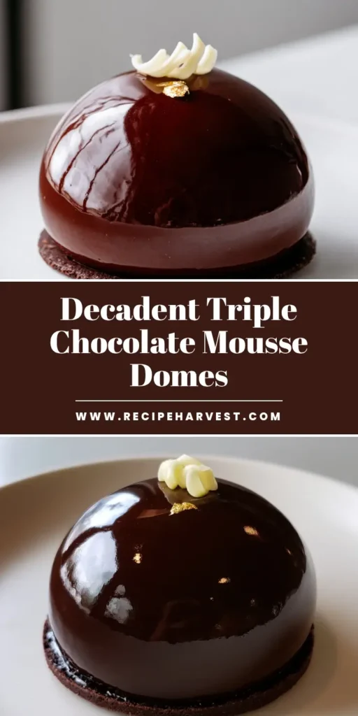 Triple Chocolate Mousse Domes: The Ultimate Mirror Glazed Dessert 4 A professional-grade Triple Chocolate Mousse Dome featuring a reflective dark chocolate mirror glaze and gold leaf garnish on a white plate.