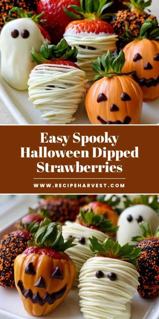 A collection of Halloween chocolate covered strawberries including white chocolate ghosts, mummies, orange jack-o-lanterns, and sprinkle-coated berries on a white tray.