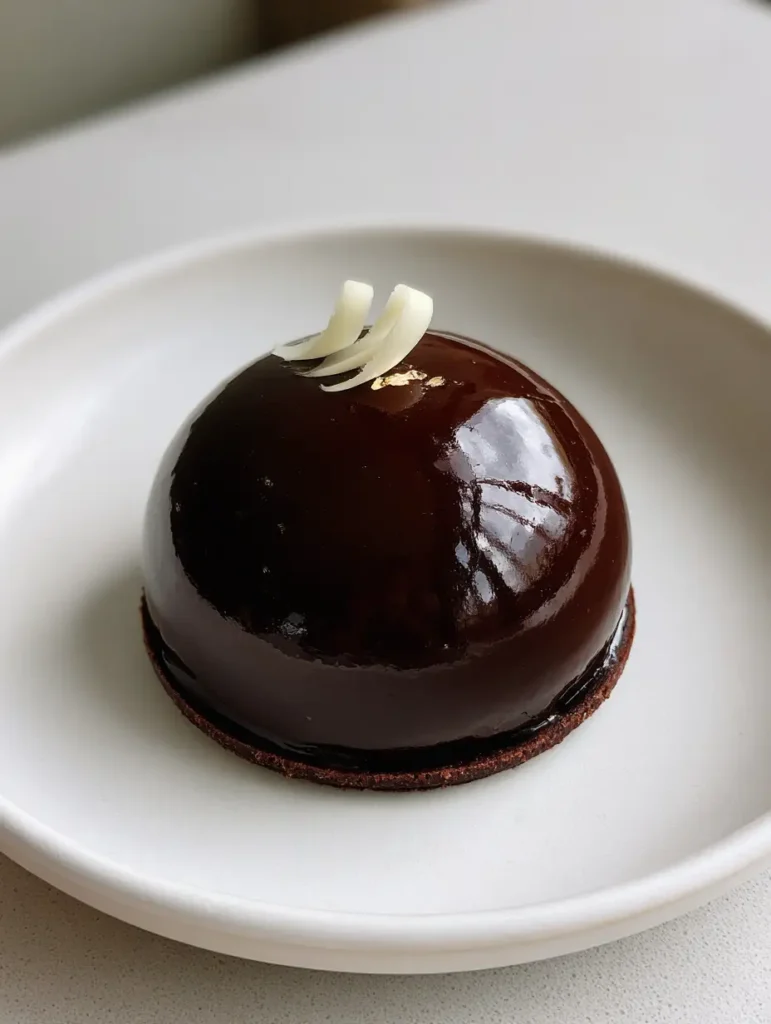 Close-up shot of Triple Chocolate Mousse Domes showing the high-shine reflective quality of the glaze.