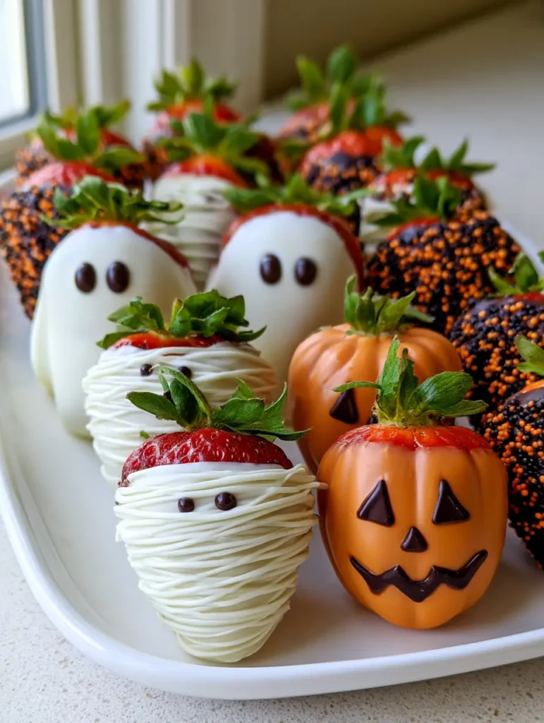 Close up of ghost and mummy Halloween chocolate covered strawberries with dark chocolate eyes peeking through white drizzles.