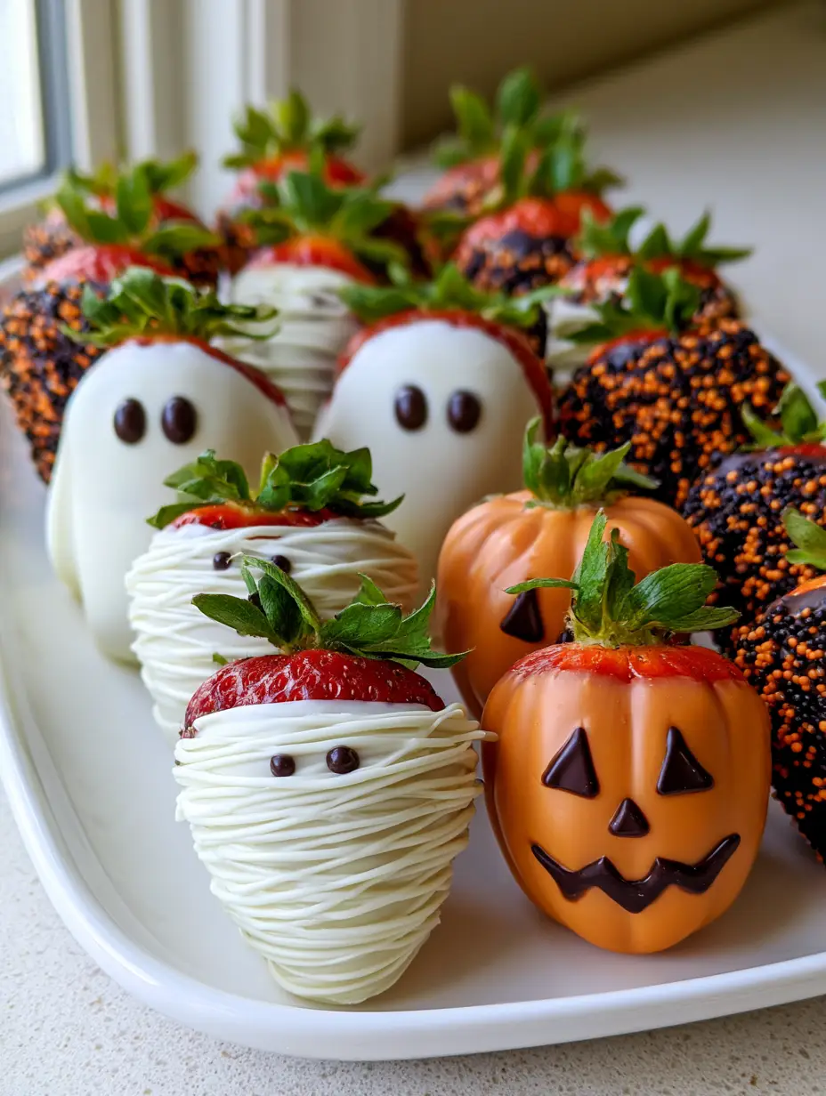 Close up of ghost and mummy Halloween chocolate covered strawberries with dark chocolate eyes peeking through white drizzles.