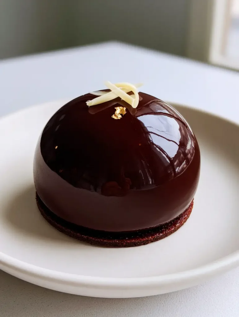 Triple Chocolate Mousse Domes: The Ultimate Mirror Glazed Dessert 1 A single Triple Chocolate Mousse Dome on a dark chocolate shortbread base with gold leaf flakes.