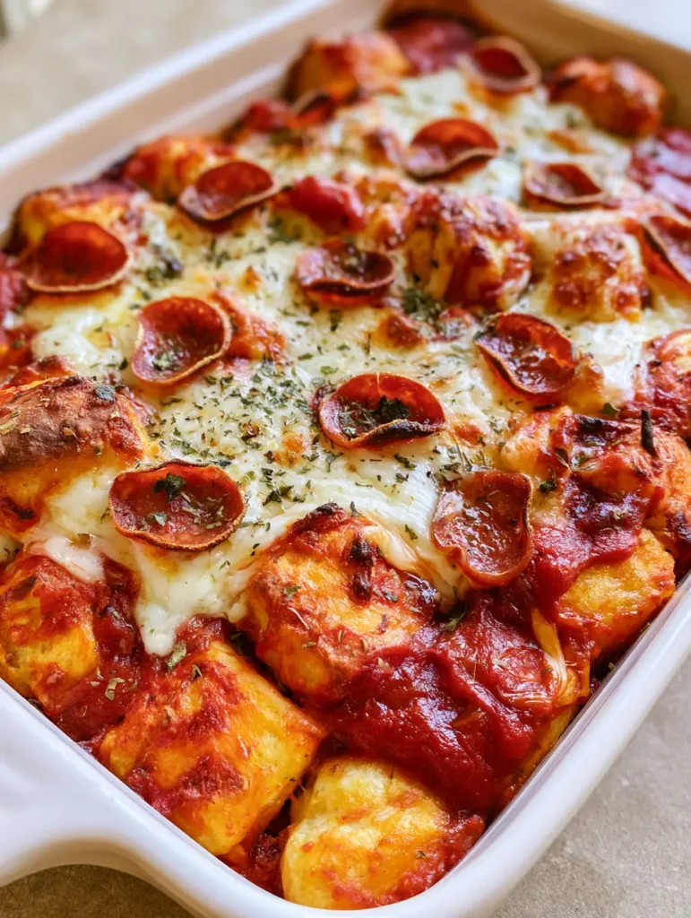 Bubble Up Pizza Casserole: The Easiest Weeknight Pepperoni Bake 1 Bubble Up Pizza Casserole inside a white ceramic dish featuring puffed biscuit dough and vibrant red sauce.