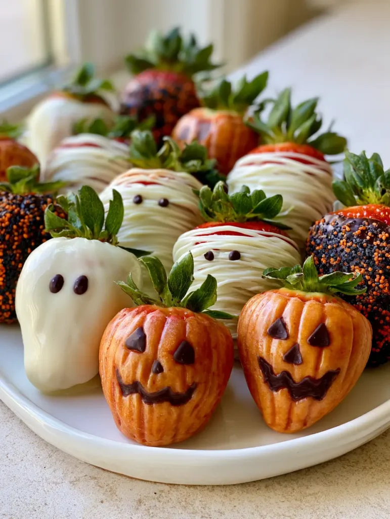 Orange pumpkin Halloween chocolate covered strawberries with dark chocolate jack-o-lantern faces next to sprinkle-covered berries.