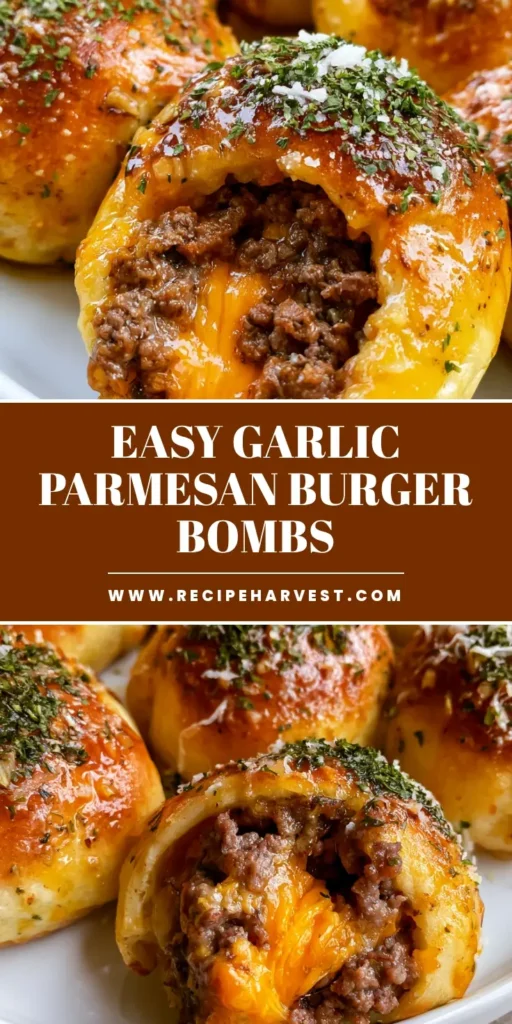 Cheeseburger Bombs: The Ultimate Garlic Butter Stuffed Burger Bites 4 A pull-apart shot of Cheeseburger Bombs showing the melted orange cheddar and ground beef inside a golden dough ball.