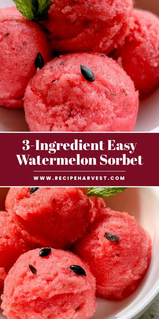Watermelon Sorbet Recipe: The Ultimate Refreshing Summer Treat 4 Three scoops of vibrant pink sorbet in a white bowl with mint and seeds. (Watermelon Sorbet Recipe)