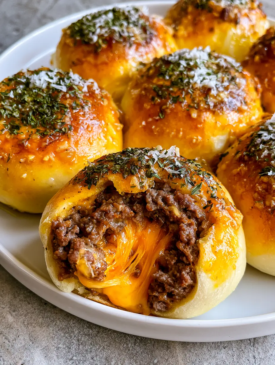 Cheeseburger Bombs: The Ultimate Garlic Butter Stuffed Burger Bites 3 Several golden-brown Cheeseburger Bombs glazed with garlic butter and parsley on a white plate.