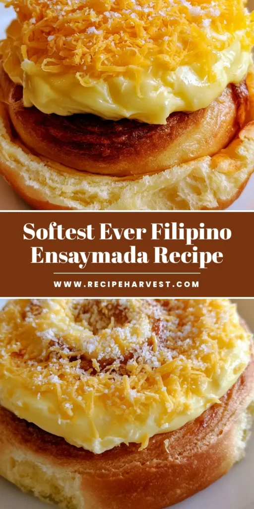 A close-up shot of a classic Filipino Ensaymada pastry with a golden-brown spiraled bun, thick butter cream frosting, and dense yellow cheddar cheese.