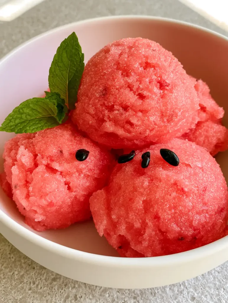 Close-up of frozen watermelon puree scoops showing smooth icy texture. (Watermelon Sorbet Recipe)