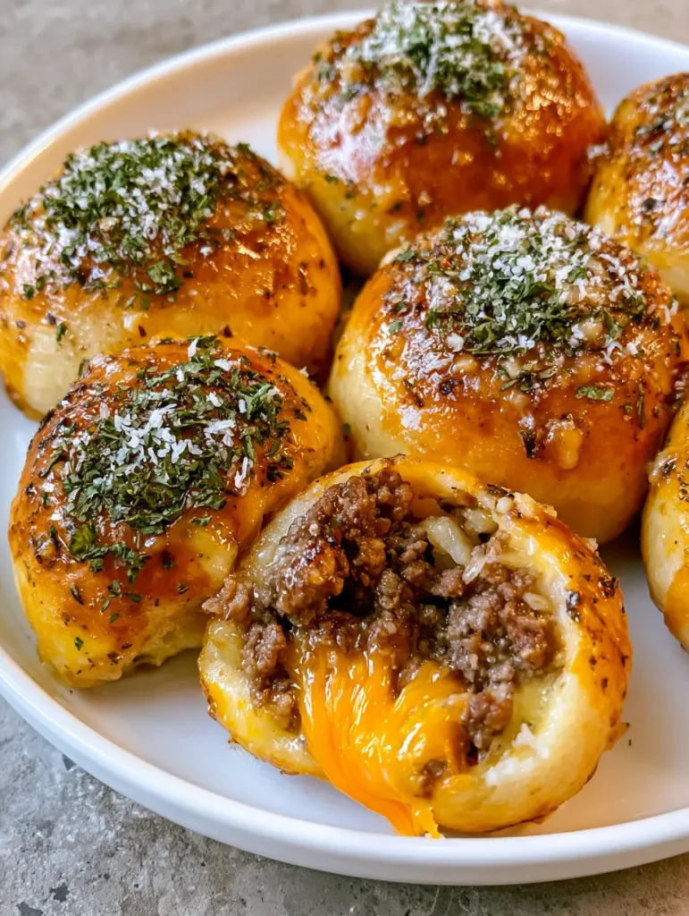 Cheeseburger Bombs: The Ultimate Garlic Butter Stuffed Burger Bites 1 Close up of Cheeseburger Bombs showing the texture of the dough and minced garlic topping.