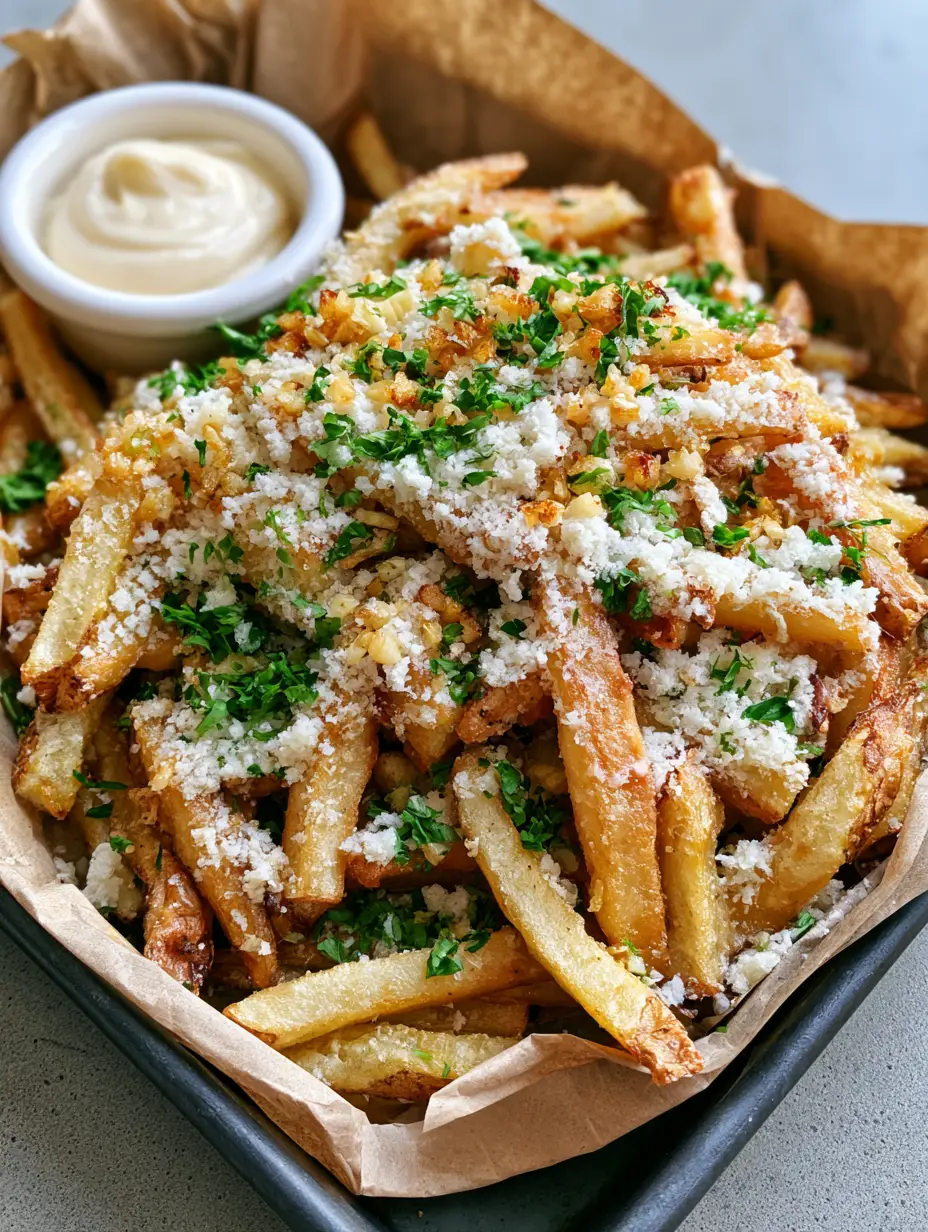 Handheld smartphone photo of Garlic Parmesan Fries with a side of ivory garlic aioli.