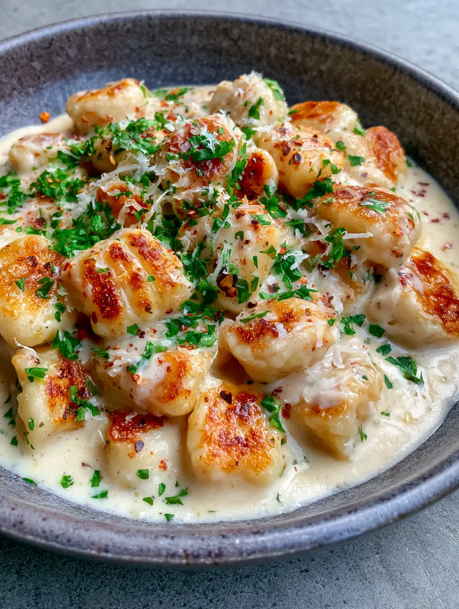 Creamy Garlic Parmesan Gnocchi (The Ultimate Millionaire Gnocchi) 3 A handheld smartphone photo of Creamy Garlic Parmesan Gnocchi in a dark grey bowl on a concrete table.