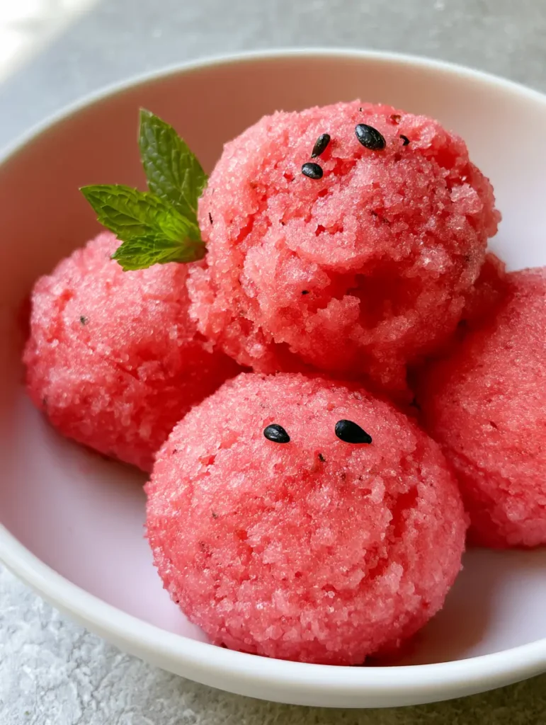 Watermelon Sorbet Recipe: The Ultimate Refreshing Summer Treat 1 Rounded scoops of pink watermelon sorbet in a white ceramic bowl with mint leaves and black seeds.