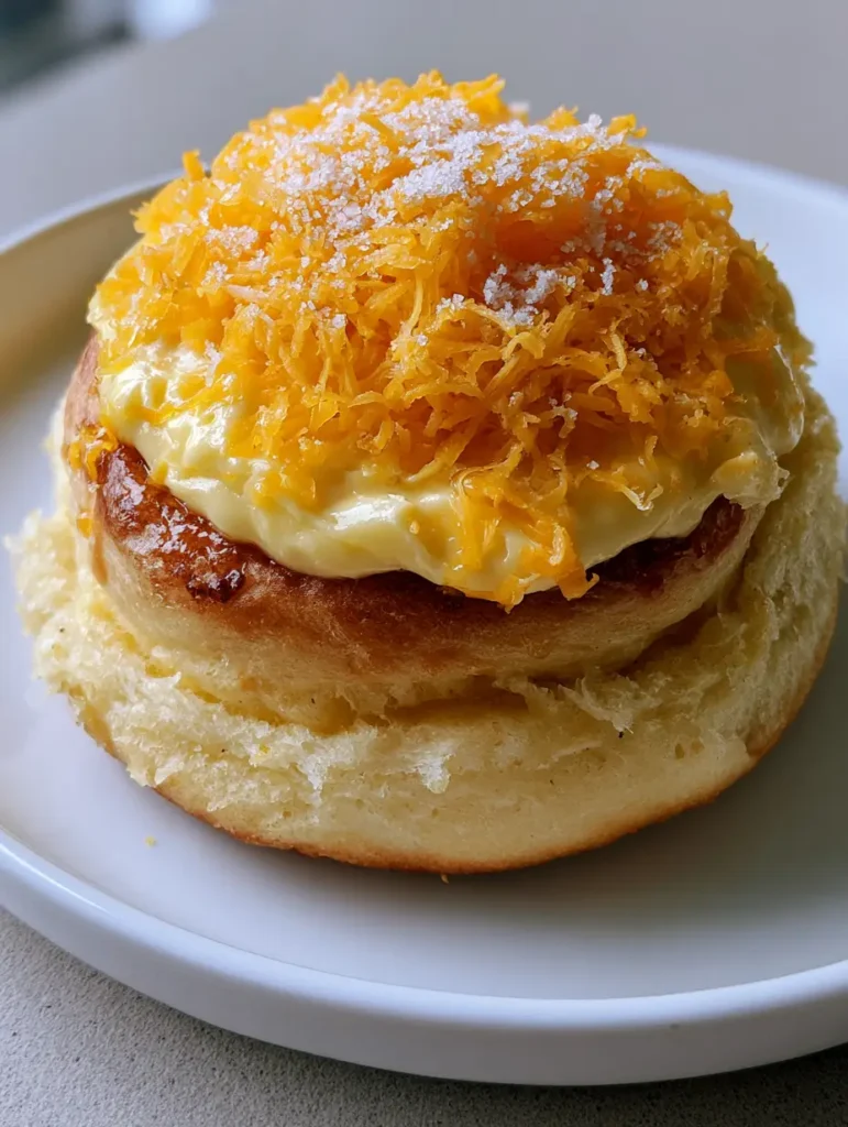 Filipino Ensaymada topped with a dense layer of finely grated yellow cheddar cheese and a sprinkle of granulated white sugar.