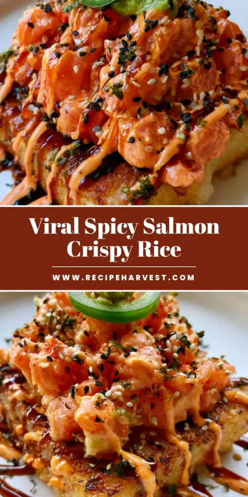 Salmon Crispy Rice: The Ultimate Spicy and Crunchy Homemade Recipe 4 A close-up of Salmon Crispy Rice featuring golden-brown fried rice blocks topped with spicy salmon, jalapeño, and avocado on a white plate.