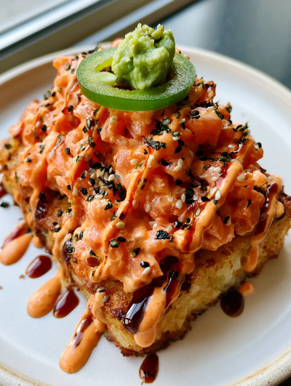 Salmon Crispy Rice: The Ultimate Spicy and Crunchy Homemade Recipe 3 Top-down angled shot of Salmon Crispy Rice with orange spicy mayo salmon and green jalapeño slices.