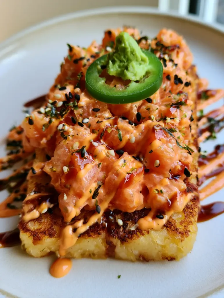 Salmon Crispy Rice: The Ultimate Spicy and Crunchy Homemade Recipe 1 Rectangular pan-fried rice topped with diced raw salmon and a dark unagi sauce drizzle.