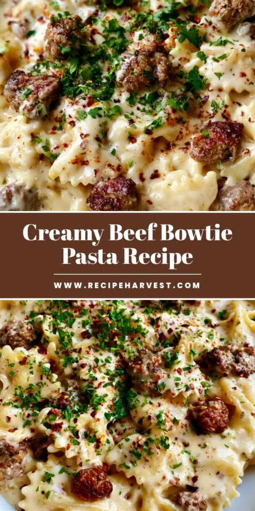 Creamy Beef Bowtie Pasta With Garlic Parmesan Sauce 3 A shallow white ceramic bowl filled with Creamy Beef Bowtie Pasta, featuring glossy parmesan garlic sauce, seared beef crumbles, parsley, and chili flakes.