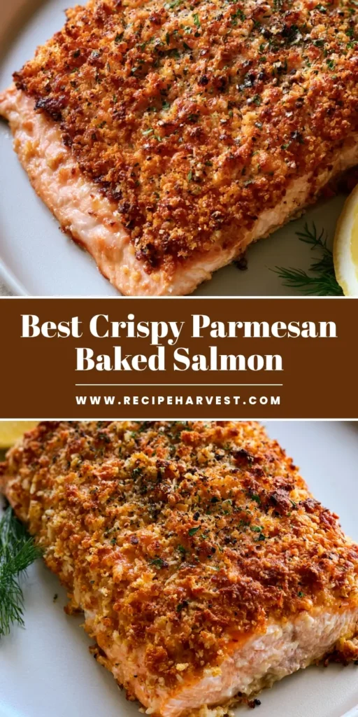 Parmesan Crusted Salmon: The Ultimate 20-Minute Crispy Baked Dinner 4 A thick baked Parmesan Crusted Salmon fillet with a golden-brown panko topping and fresh dill garnish on a white plate.