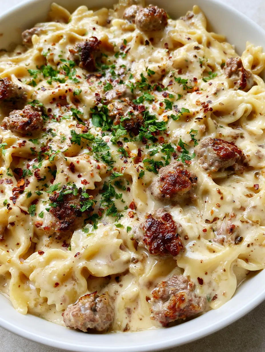 Creamy Beef Bowtie Pasta With Garlic Parmesan Sauce 4 Close-up overhead view of Creamy Beef Bowtie Pasta showing the thick sauce texture and seared ground beef crumbles.