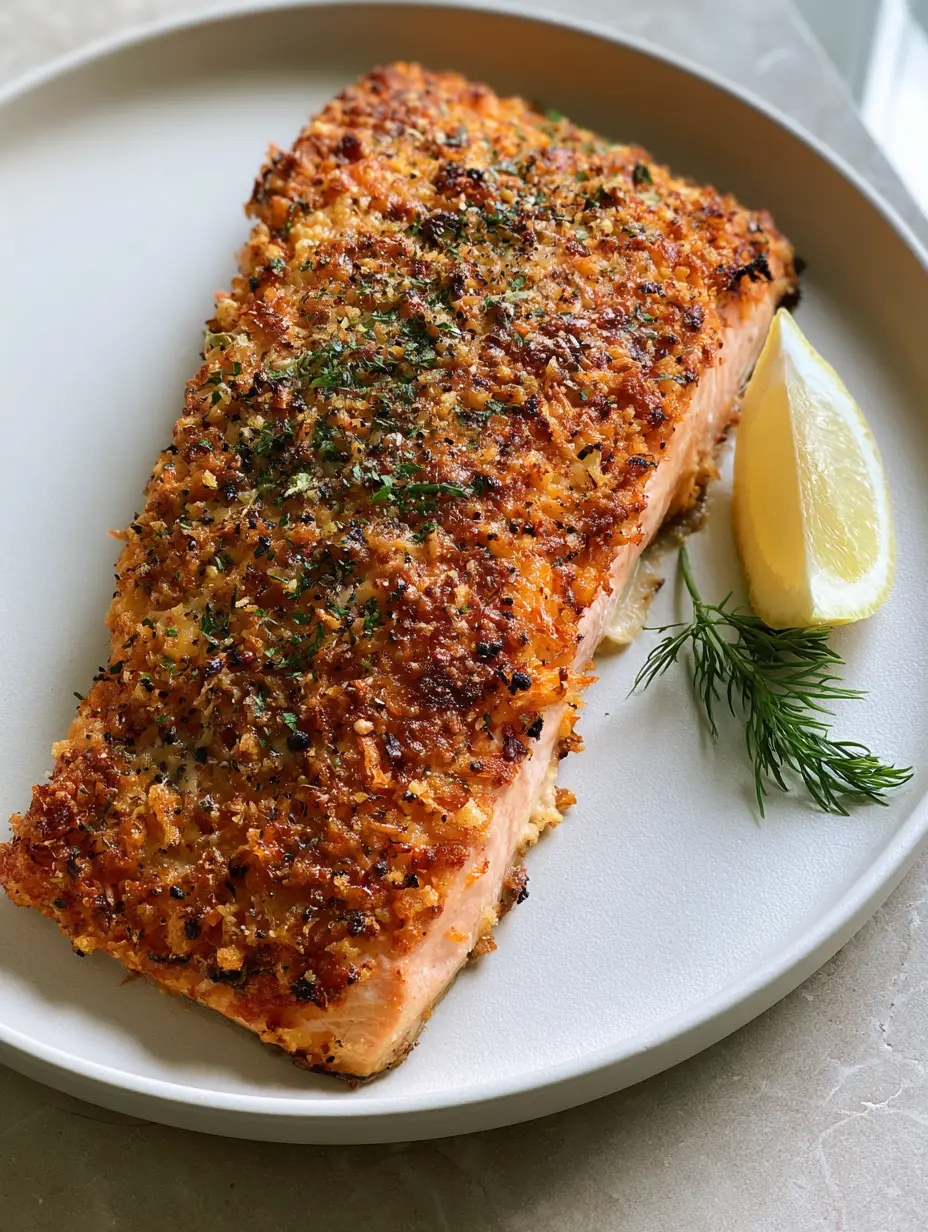 Parmesan Crusted Salmon: The Ultimate 20-Minute Crispy Baked Dinner 3 Close-up top-down view of Parmesan Crusted Salmon showing the flaky pink texture and toasted cheese topping.