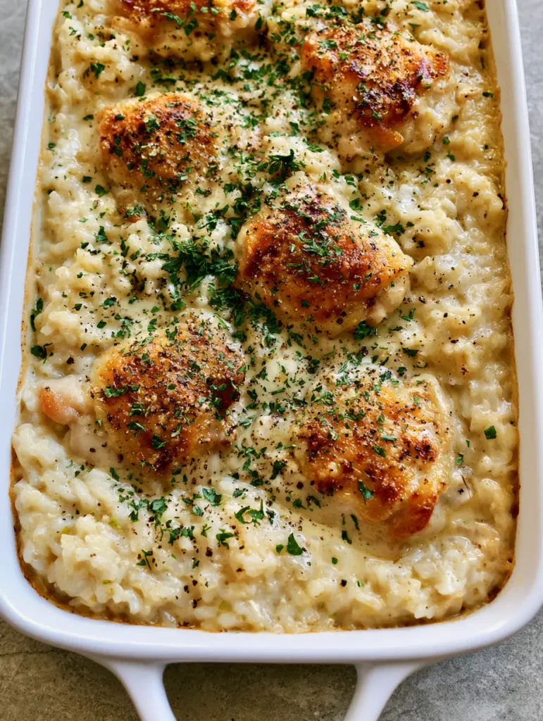 Dump and Bake Chicken and Rice: The Ultimate Creamy One-Pan Dinner 1 Golden seared chicken and fluffy rice seasoned with parsley and black pepper. (Dump and Bake Chicken and Rice)