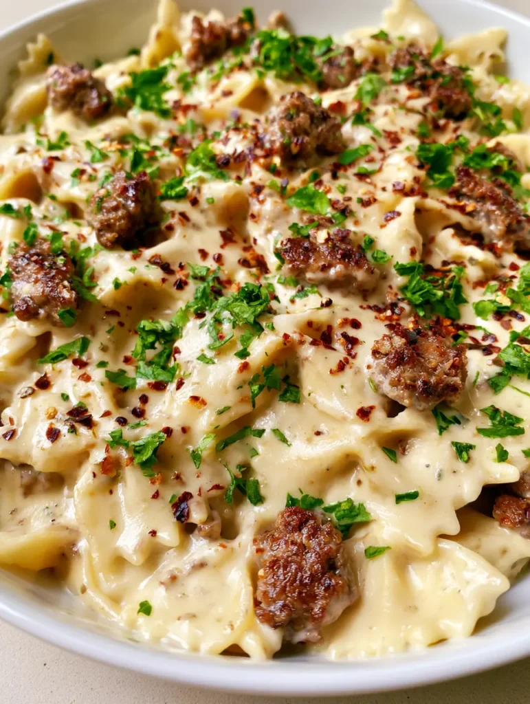 Creamy Beef Bowtie Pasta With Garlic Parmesan Sauce 1 Creamy Beef Bowtie Pasta garnished with vibrant green parsley and red chili flakes in a white bowl.