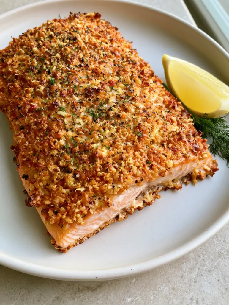 Parmesan Crusted Salmon: The Ultimate 20-Minute Crispy Baked Dinner 1 Top-down shot of golden-brown Parmesan Crusted Salmon on a white ceramic plate with a lemon wedge.