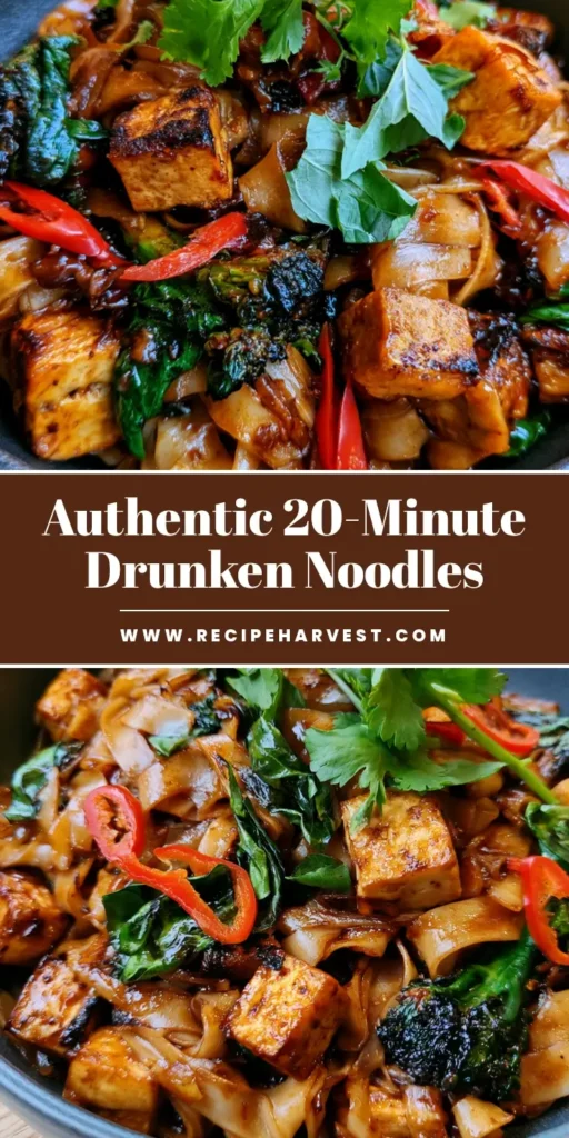 Thai Drunken Noodles (Pad Kee Mao) with Tofu and Basil 3 A dark matte bowl filled with glossy Thai Drunken Noodles featuring charred Chinese broccoli and fried tofu. (Thai Drunken Noodles)