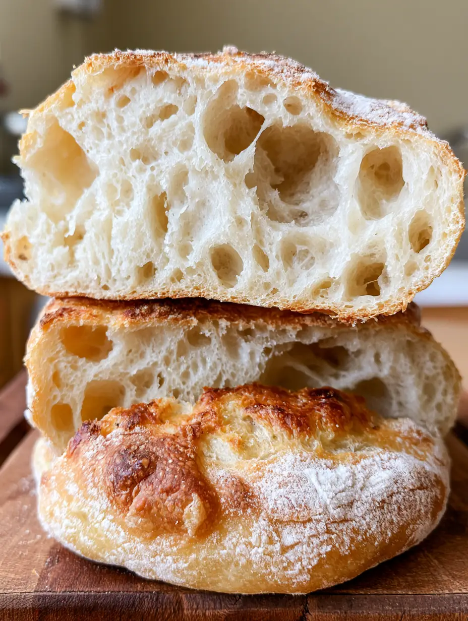Ciabatta Bread Recipe: The Ultimate Guide to Authentic Airy Loaves 3 Close-up of a Ciabatta Bread Recipe slice showing the pale cream crumb and light white flour dusting.