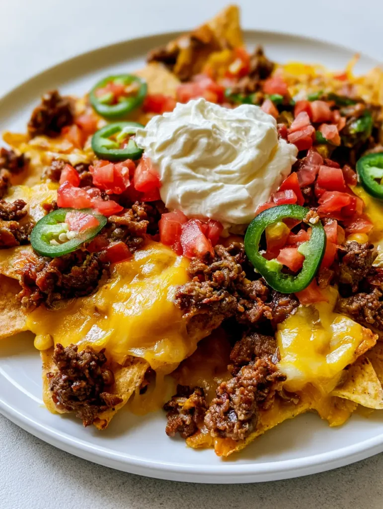 Close up shot of crispy chips and seasoned ground beef with melted yellow cheddar cheese. (Saturday night dinner ideas)