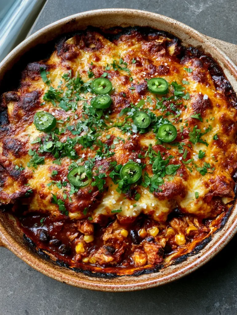 Chicken Enchilada Casserole: The Ultimate Cheesy Comfort Food 1 A scoop of Chicken Enchilada Casserole showing layers of shredded chicken and corn tortillas.
