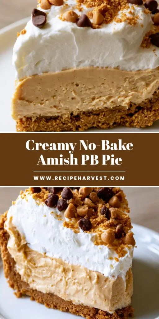 Amish Peanut Butter Pie: The Ultimate Creamy Dream Dessert 3 A thick slice of Amish Peanut Butter Pie with graham cracker crust, tan filling, white whipped topping, and sandy crumbles on a white plate.