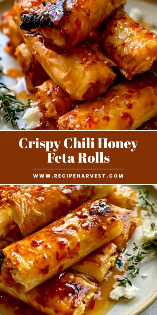 Chili Honey Feta Rolls: Crispy, Sweet, and Spicy Appetizer 4 A tall stack of crispy Chili Honey Feta Rolls drizzled with thick amber honey and red chili flakes on a ceramic plate.