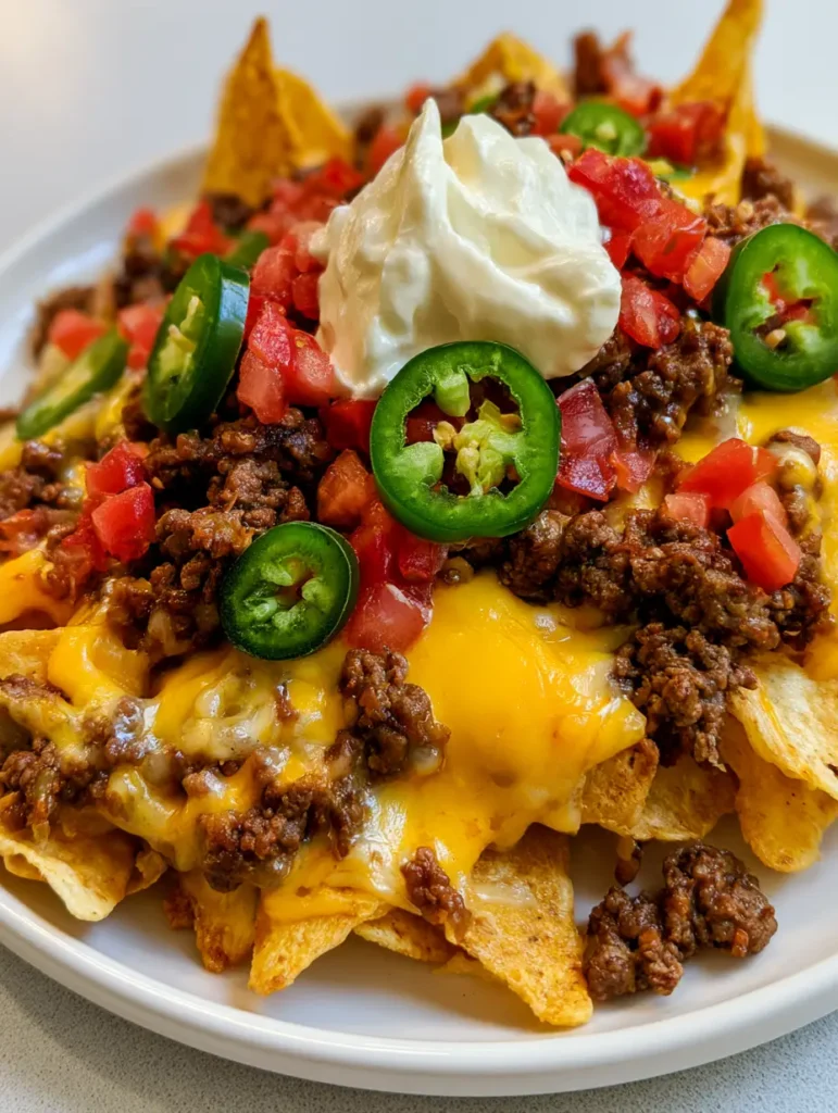 A top-down view of the loaded nacho platter featuring vibrant green jalapeños and bright red tomatoes.