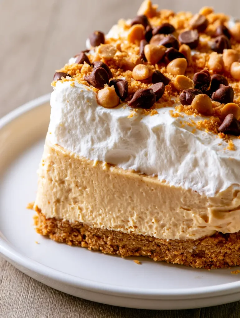 Close-up of Amish Peanut Butter Pie showing the matte filling and fluffy whipped topping textures.
