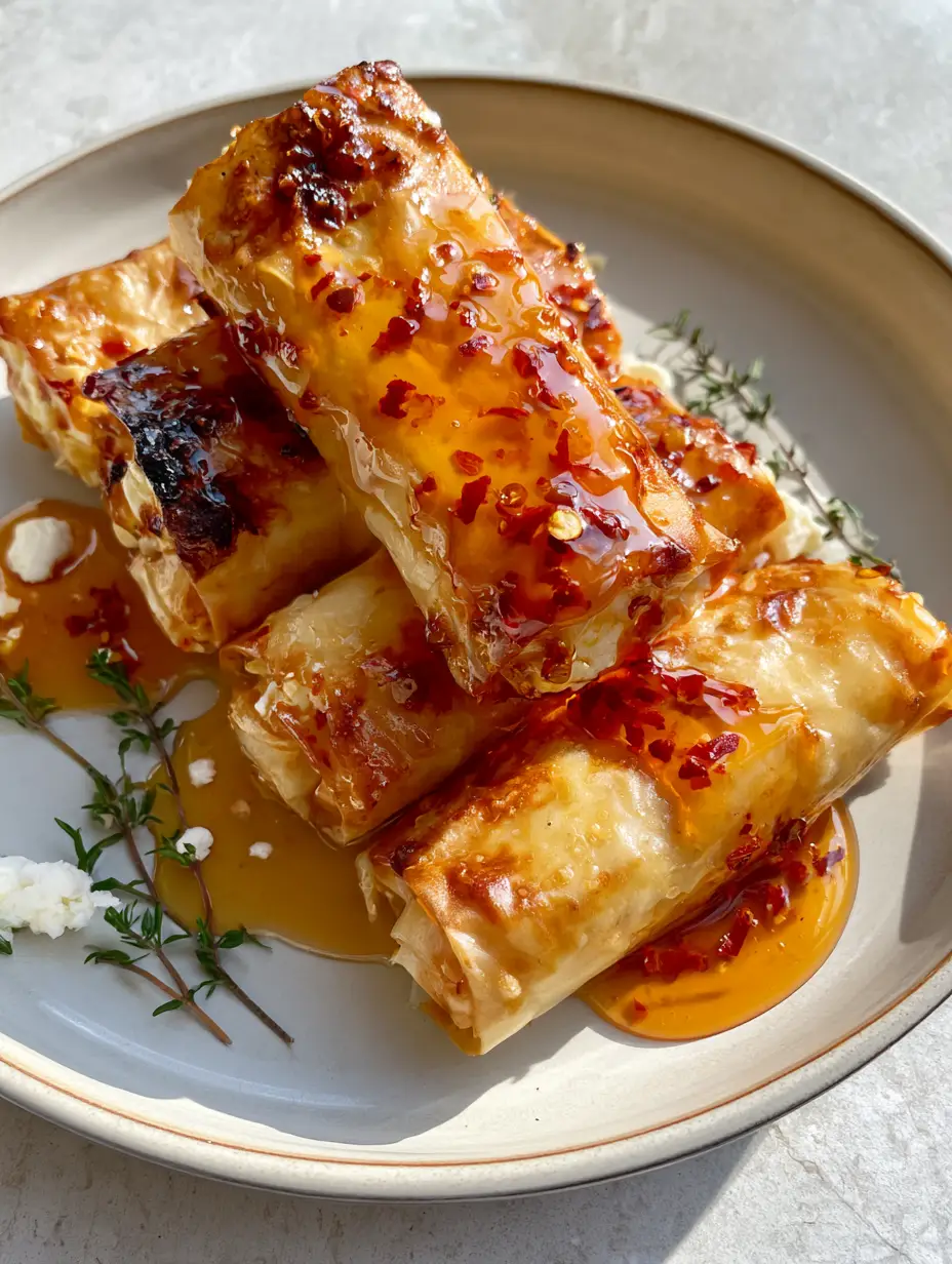 Chili Honey Feta Rolls: Crispy, Sweet, and Spicy Appetizer 3 Handheld smartphone photo of golden-brown baked Chili Honey Feta Rolls with visible blistered charred edges.