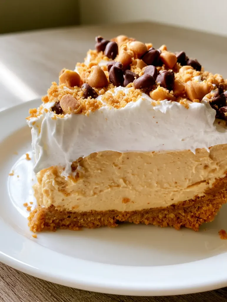Amish Peanut Butter Pie: The Ultimate Creamy Dream Dessert 1 A side profile slice of Amish Peanut Butter Pie on a wooden table in natural daylight.