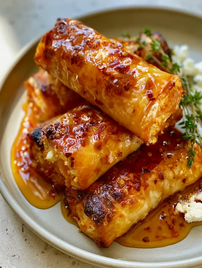 Chili Honey Feta Rolls: Crispy, Sweet, and Spicy Appetizer 1 Close up of glossy amber chili honey drizzled over crispy feta rolls with fresh thyme garnish.